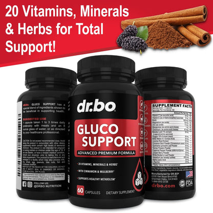 Gluco Support Nahrungsergänzungsmittel Kapseln – Stoffwechsel-Booster mit Chrom, Zimt, Bittermelonenblatt, Gymnema, Vanadium – 60 Kapseln