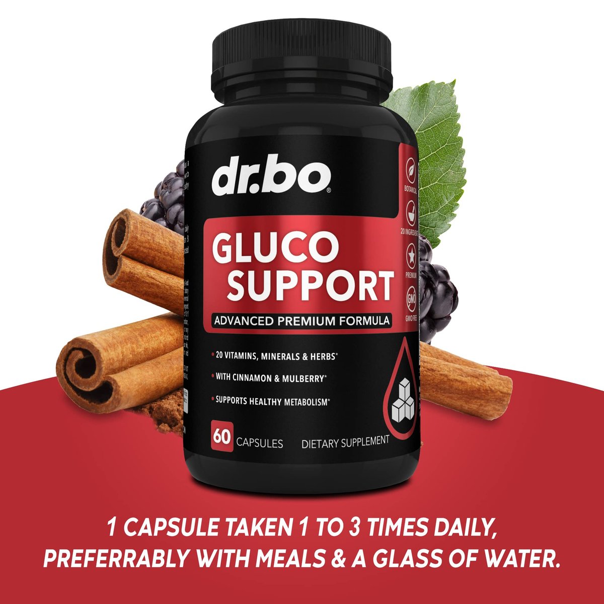 Gluco Support Nahrungsergänzungsmittel Kapseln – Stoffwechsel-Booster mit Chrom, Zimt, Bittermelonenblatt, Gymnema, Vanadium – 60 Kapseln