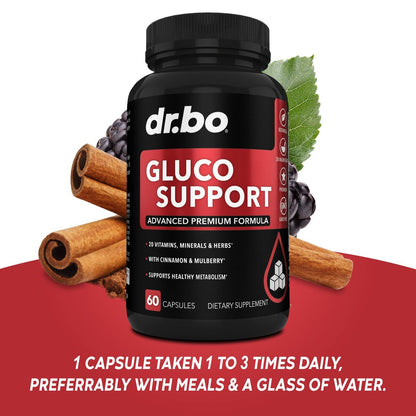 Gluco Support Nahrungsergänzungsmittel Kapseln – Stoffwechsel-Booster mit Chrom, Zimt, Bittermelonenblatt, Gymnema, Vanadium – 60 Kapseln
