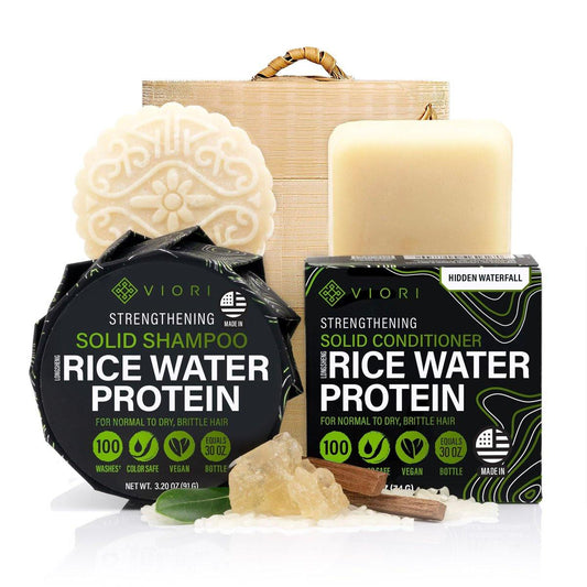 Viori Hidden Waterfall Shampoo & Conditioner Bar Set mit Bamboo-Halter – Reiswasser für Haarwachstum, sulfatfrei, handgefertigt