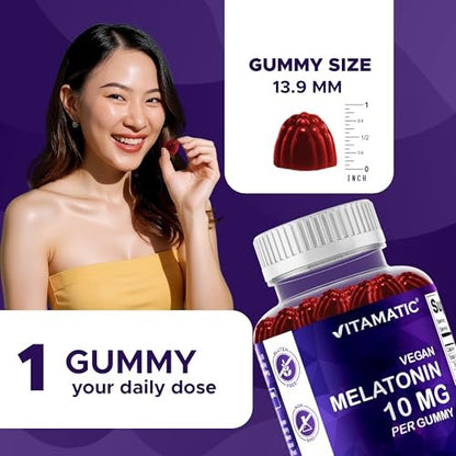 Vitamatic Melatonin 10 mg Vegetarische Gummis – Nicht abhängig machend – 60 Gummis pro Flasche – 2er-Pack (insgesamt 120 vegane Gummis)