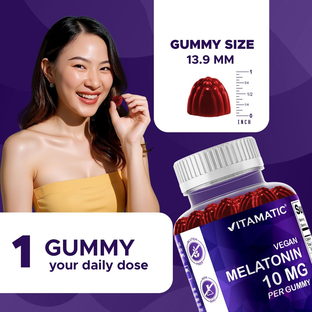 Vitamatic Melatonin 10 mg Vegetarische Gummis – Nicht abhängig machend – 60 Gummis pro Flasche – 2er-Pack (insgesamt 120 vegane Gummis)
