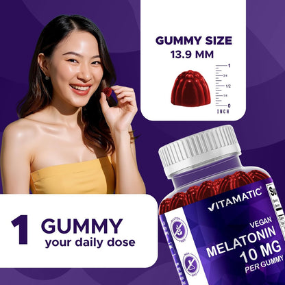 Vitamatic Melatonin 10 mg Vegetarische Gummis – Nicht abhängig machend – 60 Gummis pro Flasche – 2er-Pack (insgesamt 120 vegane Gummis)