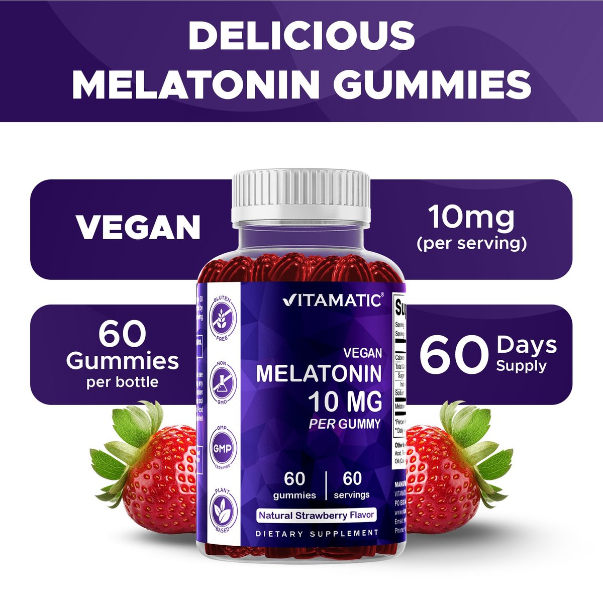 Vitamatic Melatonin 10 mg Vegetarische Gummis – Nicht abhängig machend – 60 Gummis pro Flasche – 2er-Pack (insgesamt 120 vegane Gummis)