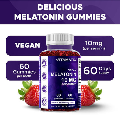 Vitamatic Melatonin 10 mg Vegetarische Gummis – Nicht abhängig machend – 60 Gummis pro Flasche – 2er-Pack (insgesamt 120 vegane Gummis)