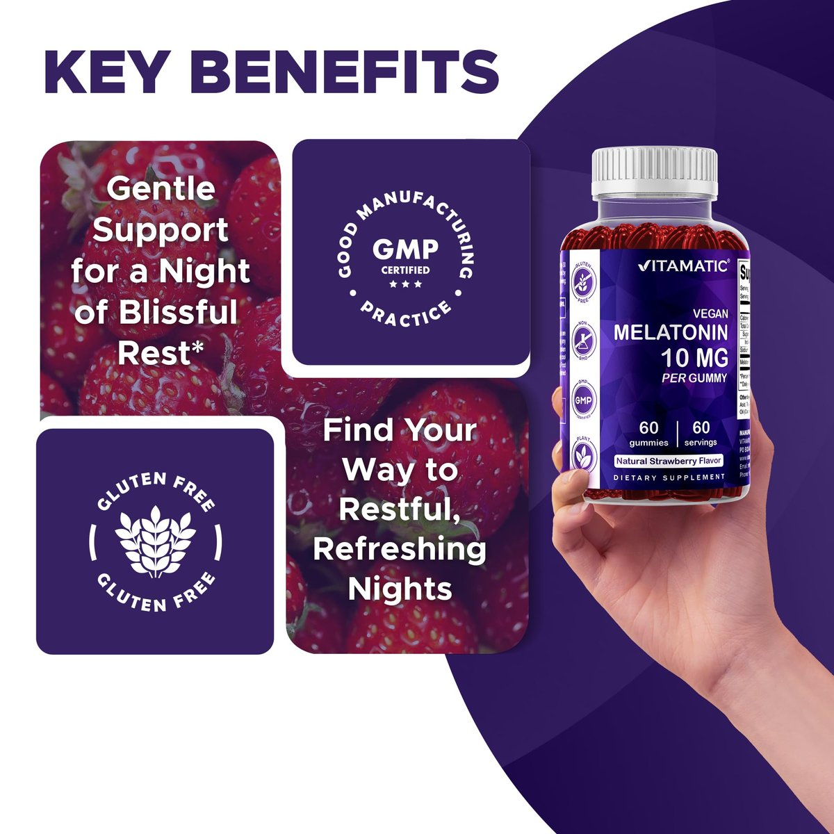 Vitamatic Melatonin 10 mg Vegetarische Gummis – Nicht abhängig machend – 60 Gummis pro Flasche – 2er-Pack (insgesamt 120 vegane Gummis)