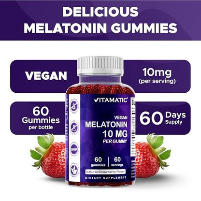 Vitamatic Melatonin 10 mg Vegetarische Gummis – Nicht abhängig machend – 60 Gummis pro Flasche – 2er-Pack (insgesamt 120 vegane Gummis)