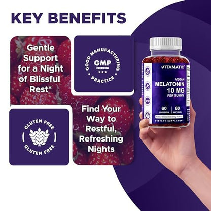 Vitamatic Melatonin 10 mg Vegetarische Gummis – Nicht abhängig machend – 60 Gummis pro Flasche – 2er-Pack (insgesamt 120 vegane Gummis)