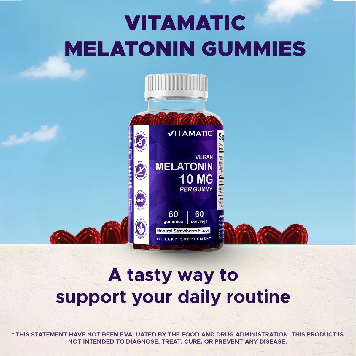 Vitamatic Melatonin 10 mg Vegetarische Gummis – Nicht abhängig machend – 60 Gummis pro Flasche – 2er-Pack (insgesamt 120 vegane Gummis)