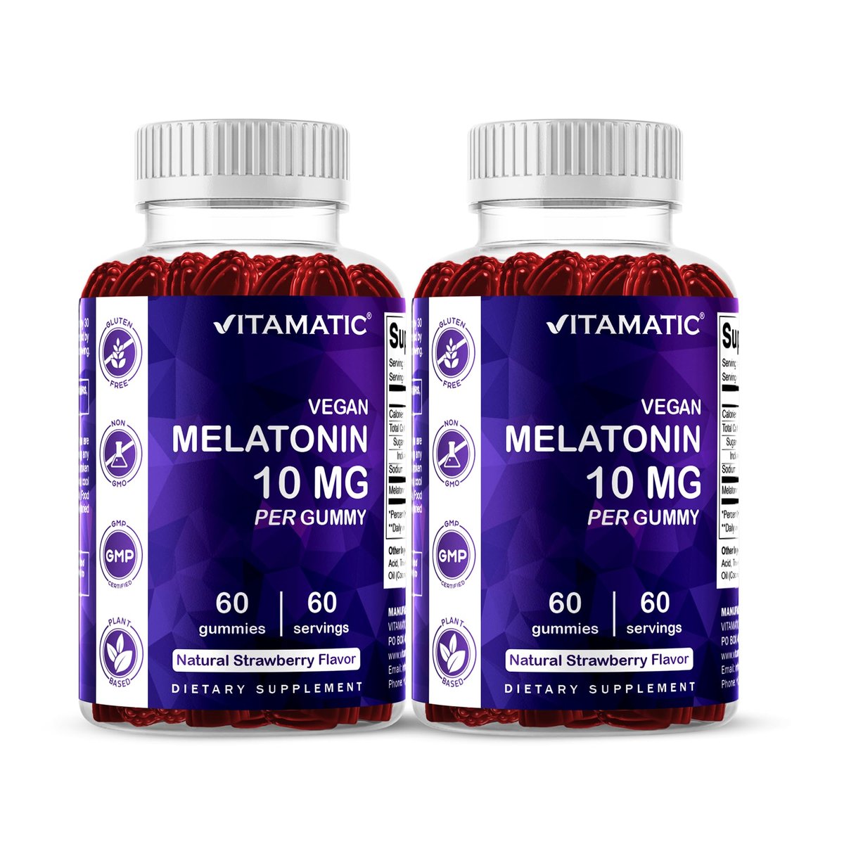 Vitamatic Melatonin 10 mg Vegetarische Gummis – Nicht abhängig machend – 60 Gummis pro Flasche – 2er-Pack (insgesamt 120 vegane Gummis)