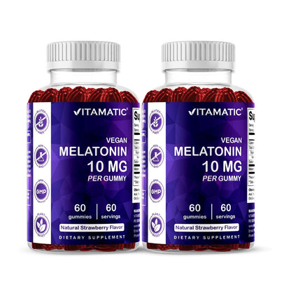 Vitamatic Melatonin 10 mg Vegetarische Gummis – Nicht abhängig machend – 60 Gummis pro Flasche – 2er-Pack (insgesamt 120 vegane Gummis)