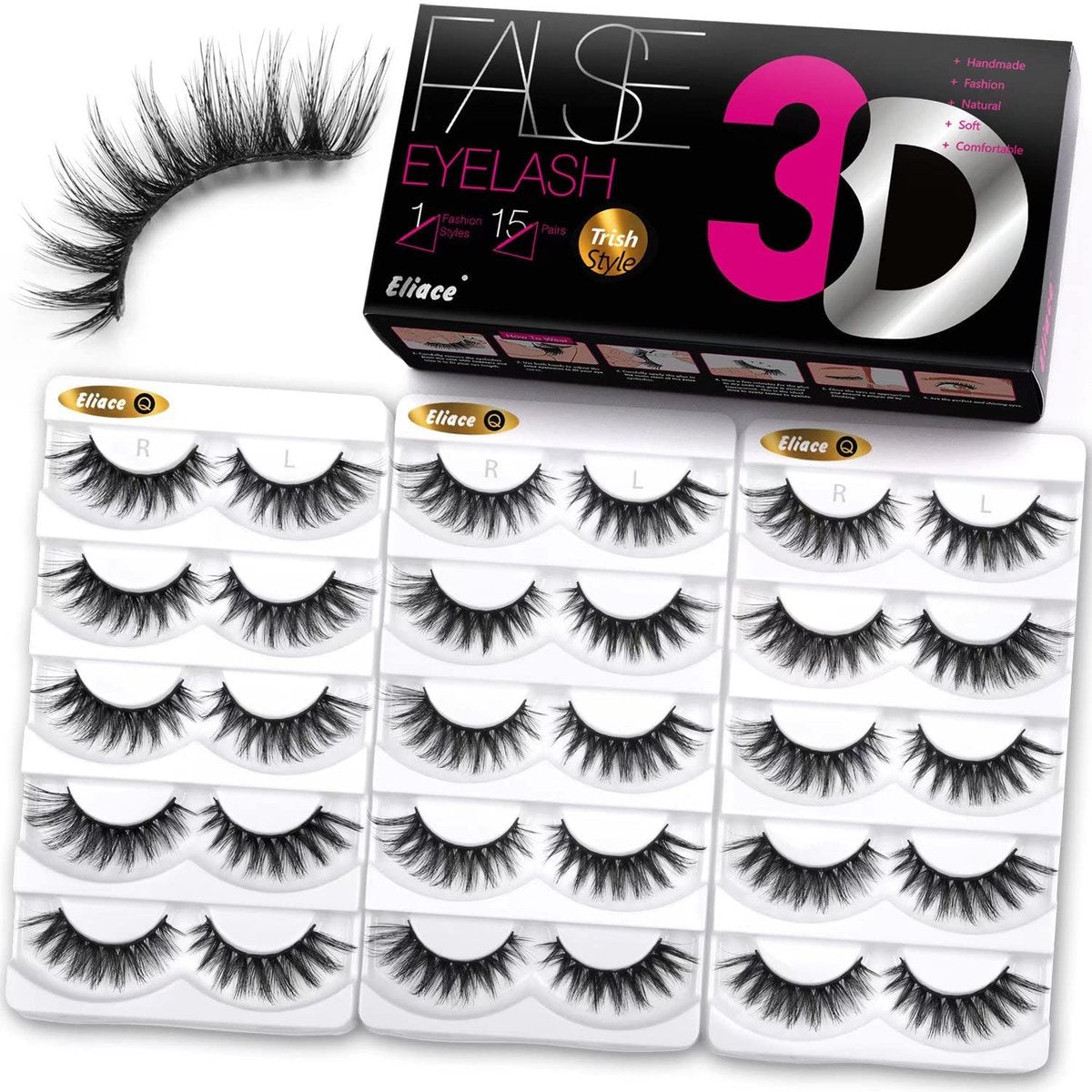 Eliace False Eyelashes 15 Paar Cat Eye Wimpern 3D Mink Wimpern, Spiky Wispy Natürliche Lange Kunstmink Wimpern Streifen Weich & Wiederverwendbar Make-up Professionelle Fake Wimpern Pack | Trish Style