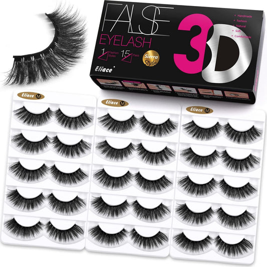 Eliace False Eyelashes 15 Paare Wimpern Natürlicher Look Cat Eye Wimpern Wispy, 3D Nerz Wimpern Flauschig Lang Dick, Fake Wimpern Cross Wispy Volume Lash Weich Wiederverwendbar Dramatisch, Sierra Style
