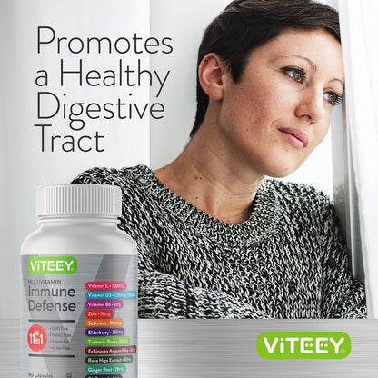 Viteey 11-in-1 Immun-Unterstützungskomplex – Vitamin D3, B6, Echinacea, Kurkuma, Hagebutte, Selen, BioPerin, Ingwer, Holunder, Vitamin C und Zink – 60 Kapseln