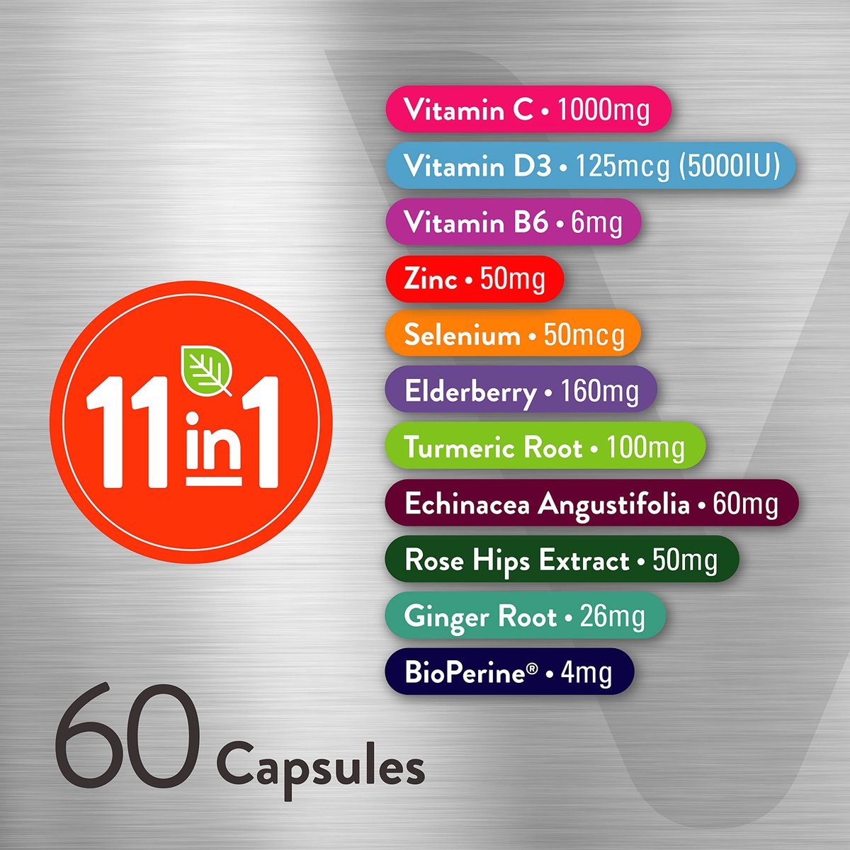 Viteey 11-in-1 Immun-Unterstützungskomplex – Vitamin D3, B6, Echinacea, Kurkuma, Hagebutte, Selen, BioPerin, Ingwer, Holunder, Vitamin C und Zink – 60 Kapseln