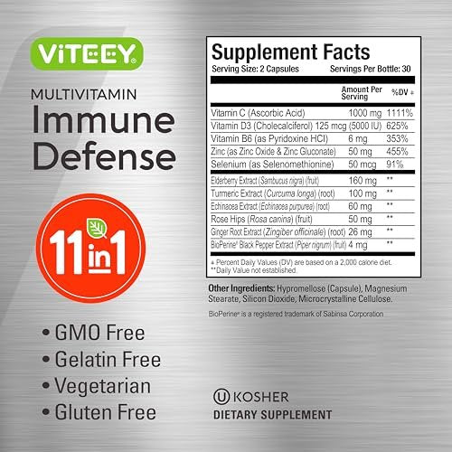 Viteey 11-in-1 Immun-Unterstützungskomplex – Vitamin D3, B6, Echinacea, Kurkuma, Hagebutte, Selen, BioPerin, Ingwer, Holunder, Vitamin C und Zink – 60 Kapseln