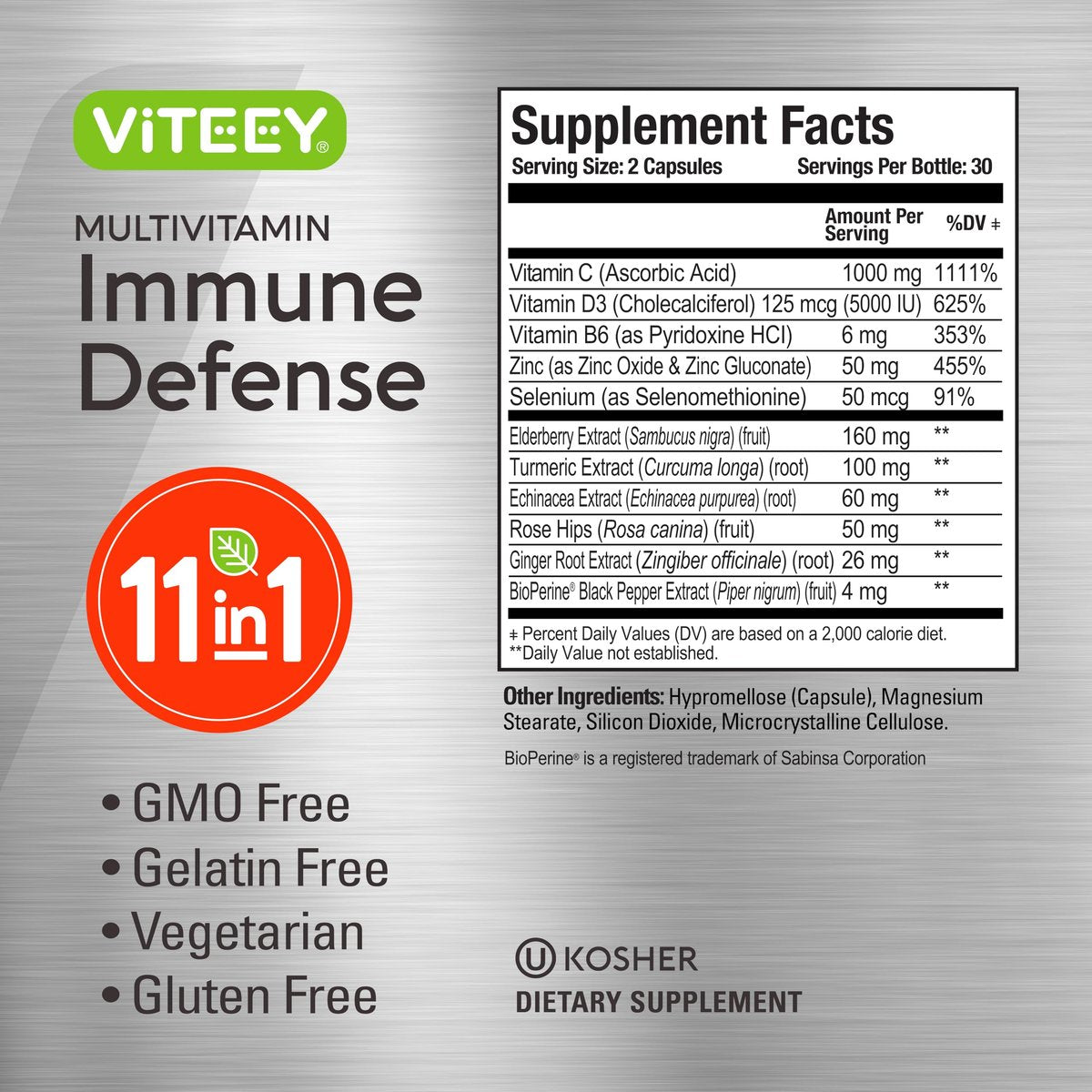 Viteey 11-in-1 Immun-Unterstützungskomplex – Vitamin D3, B6, Echinacea, Kurkuma, Hagebutte, Selen, BioPerin, Ingwer, Holunder, Vitamin C und Zink – 60 Kapseln
