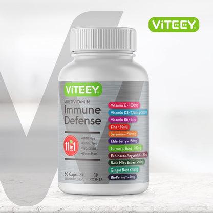 Viteey 11-in-1 Immun-Unterstützungskomplex – Vitamin D3, B6, Echinacea, Kurkuma, Hagebutte, Selen, BioPerin, Ingwer, Holunder, Vitamin C und Zink – 60 Kapseln