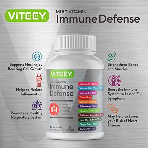 Viteey 11-in-1 Immun-Unterstützungskomplex – Vitamin D3, B6, Echinacea, Kurkuma, Hagebutte, Selen, BioPerin, Ingwer, Holunder, Vitamin C und Zink – 60 Kapseln