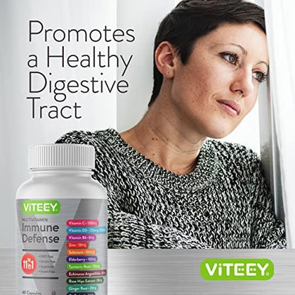 Viteey 11-in-1 Immun-Unterstützungskomplex – Vitamin D3, B6, Echinacea, Kurkuma, Hagebutte, Selen, BioPerin, Ingwer, Holunder, Vitamin C und Zink – 60 Kapseln