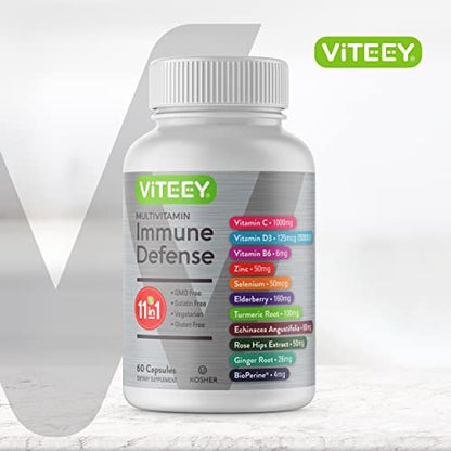 Viteey 11-in-1 Immun-Unterstützungskomplex – Vitamin D3, B6, Echinacea, Kurkuma, Hagebutte, Selen, BioPerin, Ingwer, Holunder, Vitamin C und Zink – 60 Kapseln