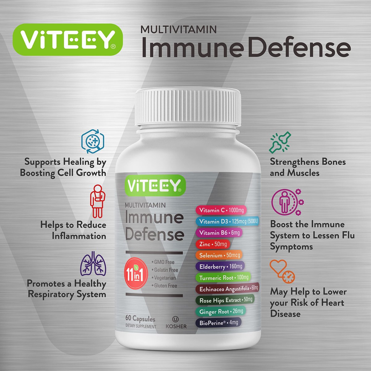 Viteey 11-in-1 Immun-Unterstützungskomplex – Vitamin D3, B6, Echinacea, Kurkuma, Hagebutte, Selen, BioPerin, Ingwer, Holunder, Vitamin C und Zink – 60 Kapseln