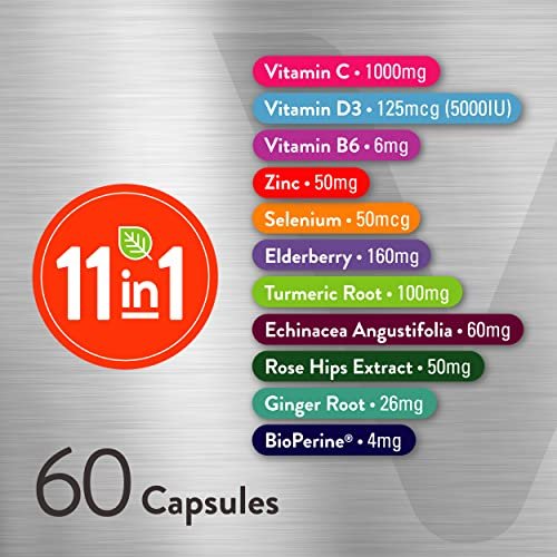 Viteey 11-in-1 Immun-Unterstützungskomplex – Vitamin D3, B6, Echinacea, Kurkuma, Hagebutte, Selen, BioPerin, Ingwer, Holunder, Vitamin C und Zink – 60 Kapseln