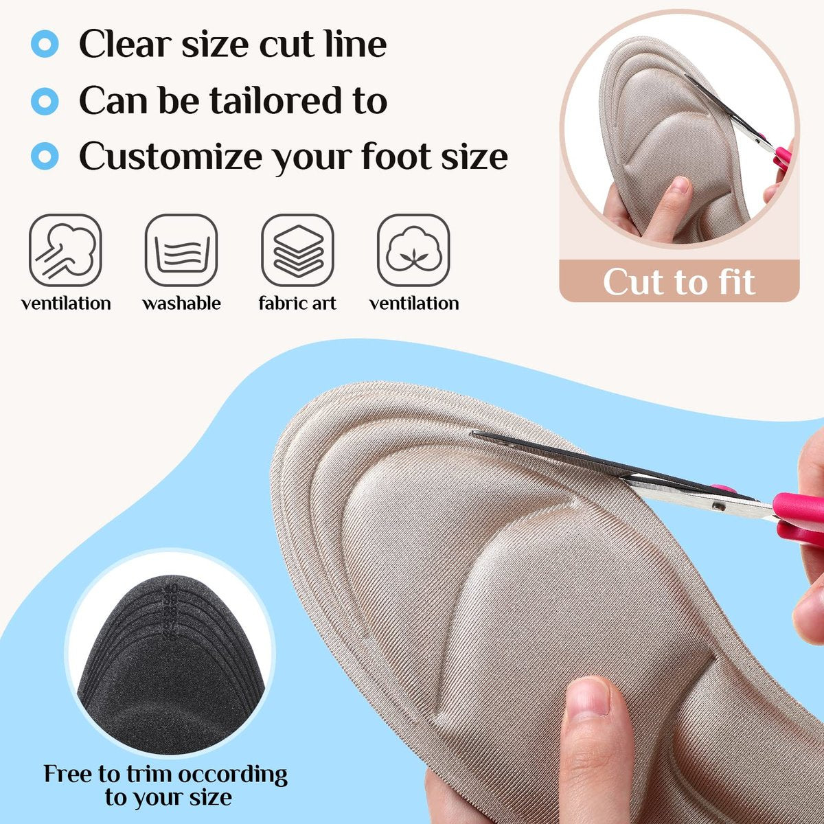 Jeere 4 Paar Fußgewölbe-Stütz-Einlagen für Damen, Memory-Schaum-Polster-Schuh-Einlagen, Atmungsaktive High-Heel-Einlagen, 5D Barfuß-Komfort-Schuh-Pad für Massage und Fußgewölbe-Schmerzlinderung (Beige, Blau)