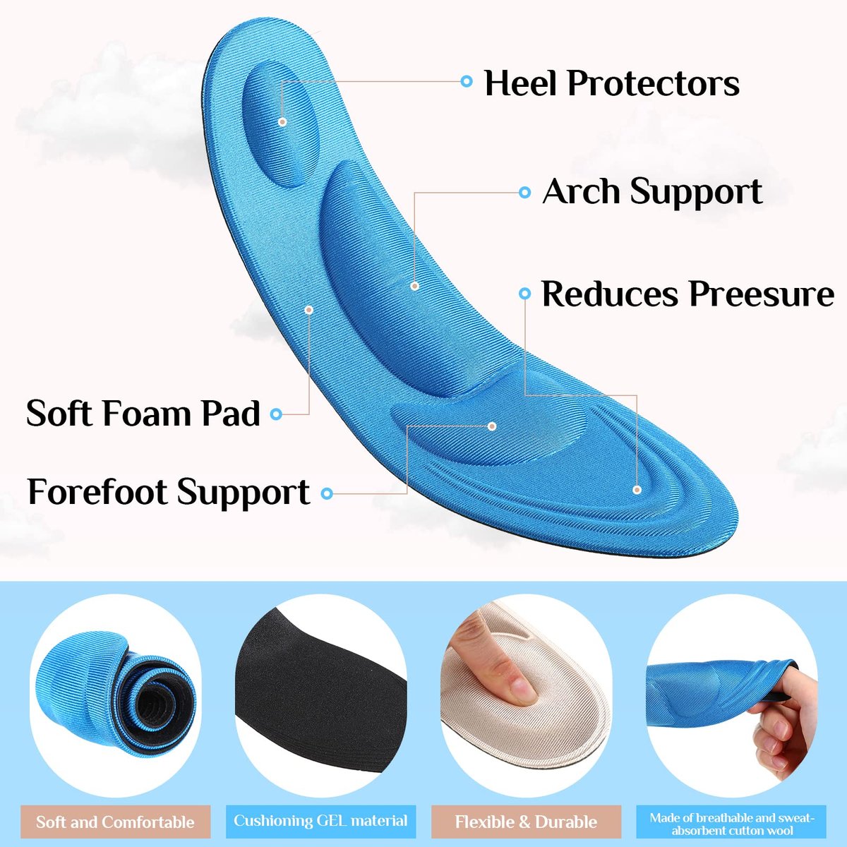 Jeere 4 Paar Fußgewölbe-Stütz-Einlagen für Damen, Memory-Schaum-Polster-Schuh-Einlagen, Atmungsaktive High-Heel-Einlagen, 5D Barfuß-Komfort-Schuh-Pad für Massage und Fußgewölbe-Schmerzlinderung (Beige, Blau)