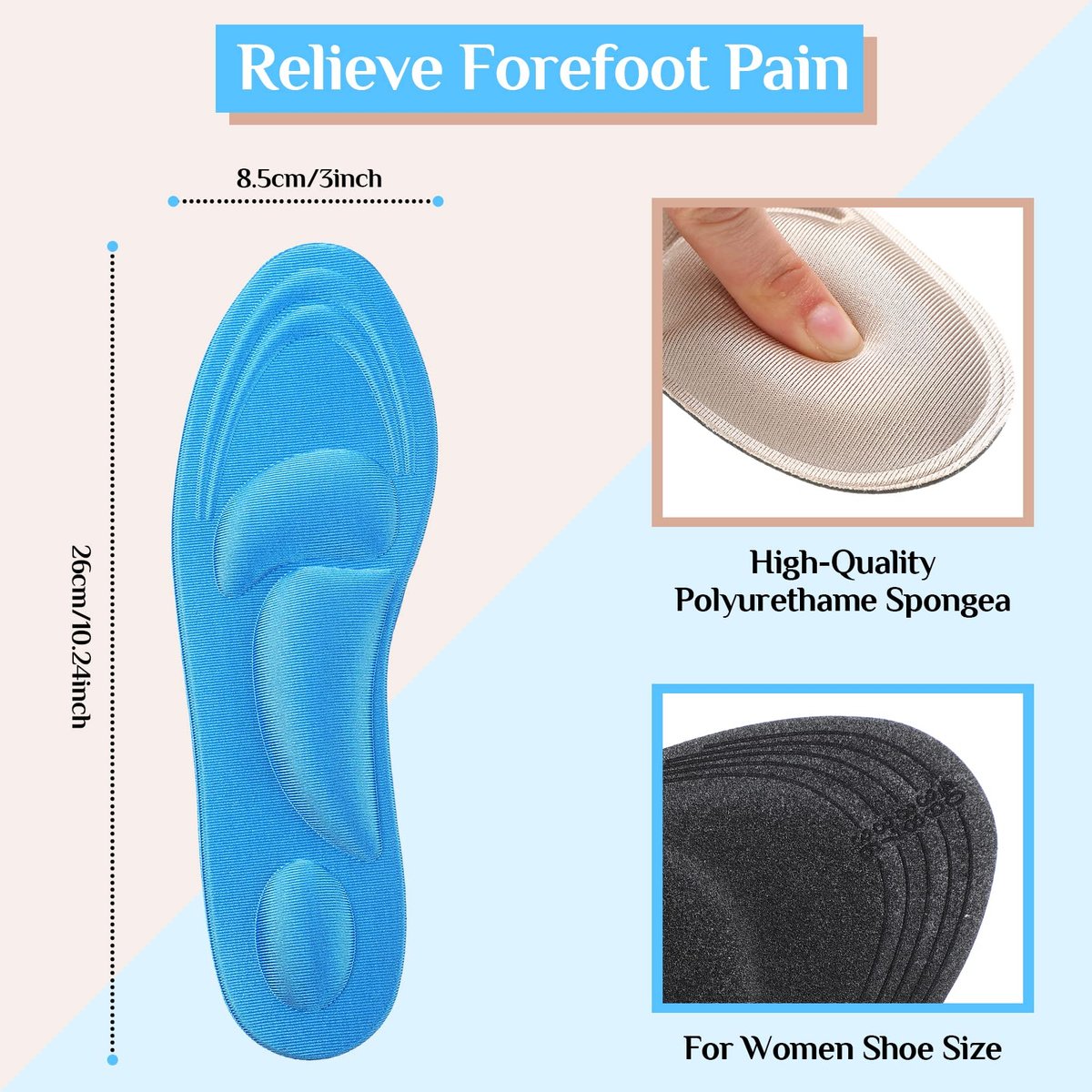 Jeere 4 Paar Fußgewölbe-Stütz-Einlagen für Damen, Memory-Schaum-Polster-Schuh-Einlagen, Atmungsaktive High-Heel-Einlagen, 5D Barfuß-Komfort-Schuh-Pad für Massage und Fußgewölbe-Schmerzlinderung (Beige, Blau)