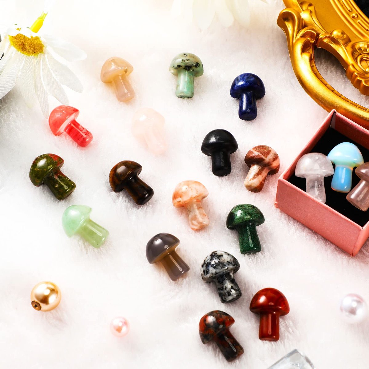 Nuanchu 20 Stücke Kristallpilz Dekoration Handgemachte Mini Skulptur Pilz Sorgenstein Figuren Bulk Edelstein Polierte Schmuckstücke für Partygeschenke Hexerei DIY Meditation Garten (Lebendige Farben)