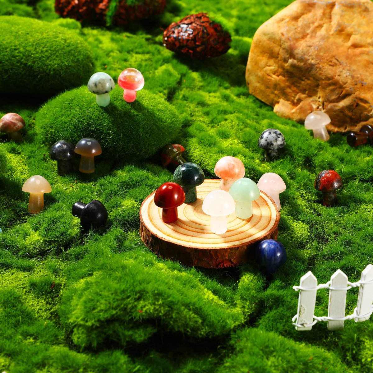 Nuanchu 20 Stücke Kristallpilz Dekoration Handgemachte Mini Skulptur Pilz Sorgenstein Figuren Bulk Edelstein Polierte Schmuckstücke für Partygeschenke Hexerei DIY Meditation Garten (Lebendige Farben)