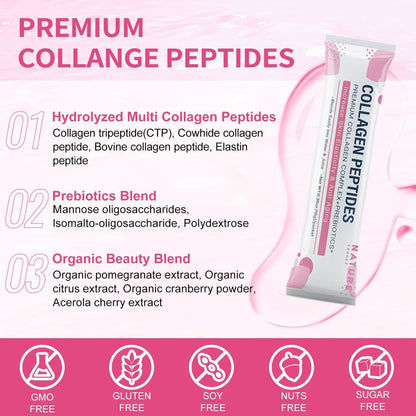 NATURE TARGET Multi Collagen Peptide Pulver – Typ I, II, III, V, X – Verbesserte Absorption, Hydrolysierte Kollagenpeptide mit Präbiotika, Zuckerfrei, Unterstützung für Haut, Haare, Nägel & Gelenke, Nicht-GMO