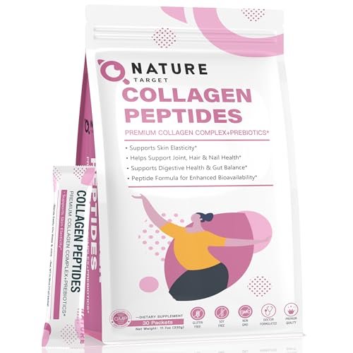 NATURE TARGET Multi Collagen Peptide Pulver – Typ I, II, III, V, X – Verbesserte Absorption, Hydrolysierte Kollagenpeptide mit Präbiotika, Zuckerfrei, Unterstützung für Haut, Haare, Nägel & Gelenke, Nicht-GMO