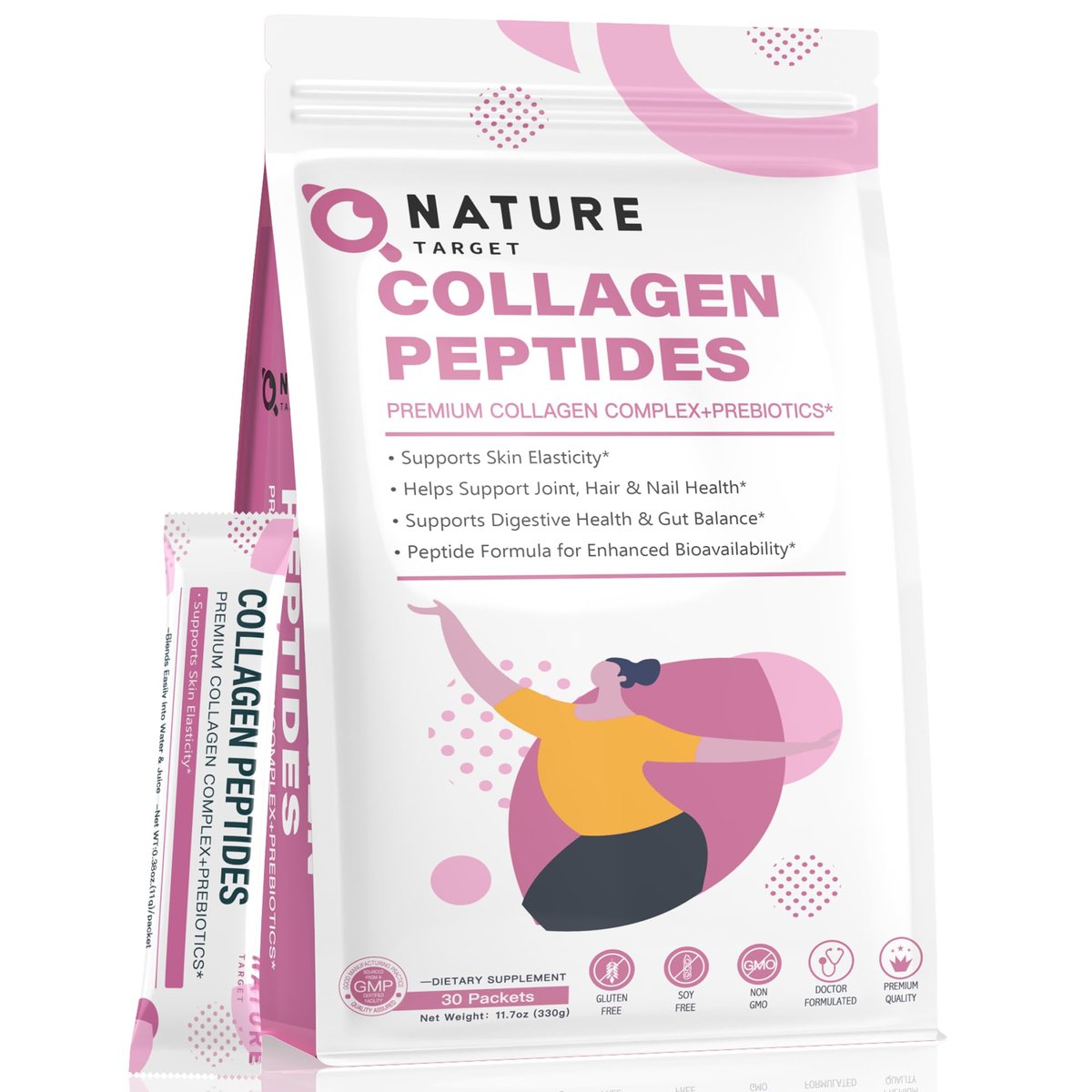 NATURE TARGET Multi Collagen Peptide Pulver – Typ I, II, III, V, X – Verbesserte Absorption, Hydrolysierte Kollagenpeptide mit Präbiotika, Zuckerfrei, Unterstützung für Haut, Haare, Nägel & Gelenke, Nicht-GMO