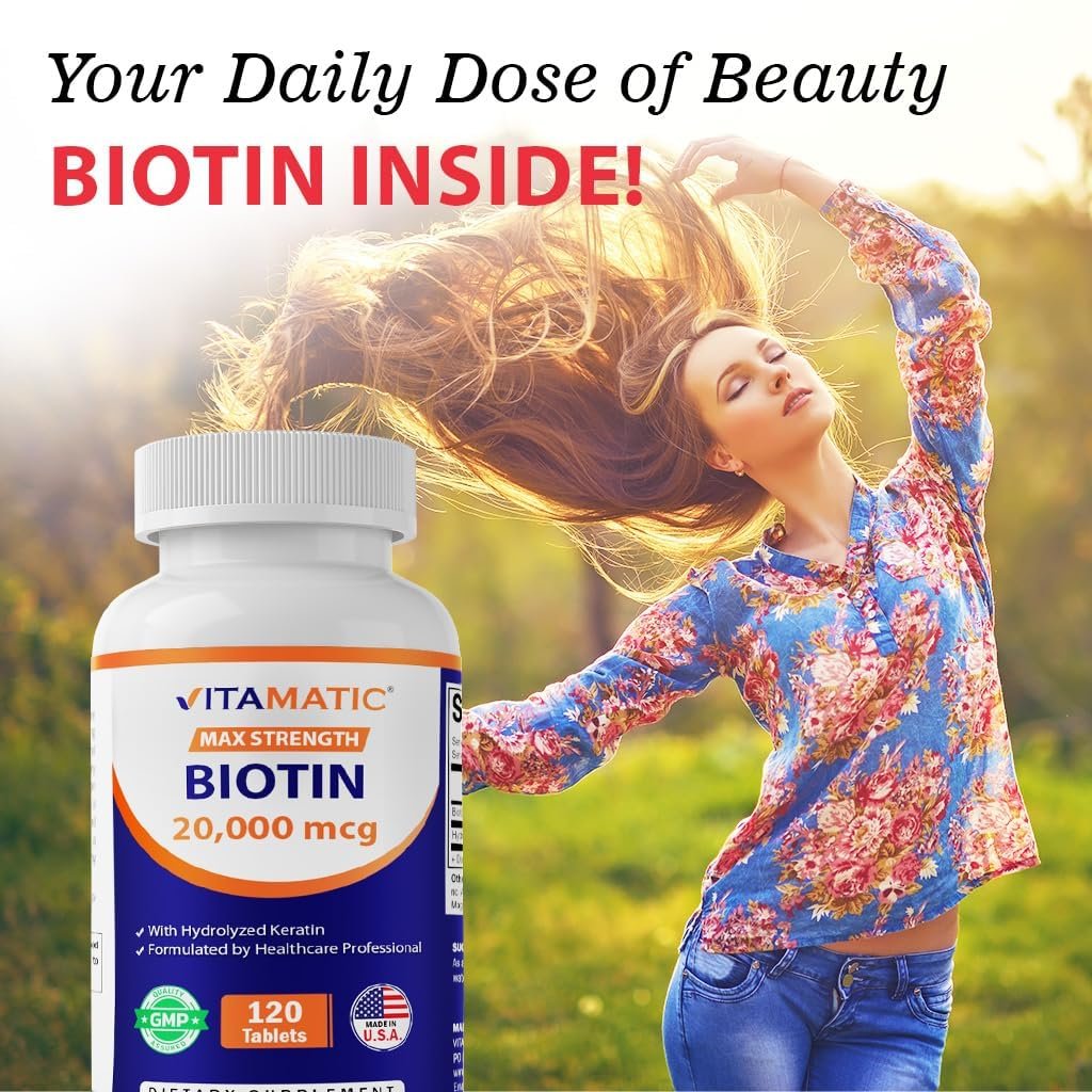 Vitamatic Hochdosiertes Biotin 20000 mcg (20 mg) mit Keratin 100 mg – 120 Tabletten – Biotin Nahrungsergänzung für gesunde Haare, Haut und Nägel für Erwachsene