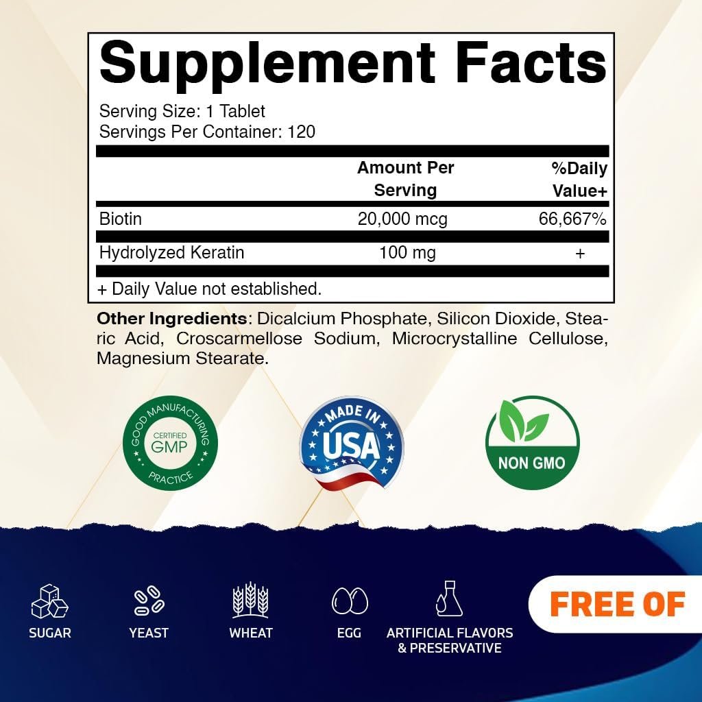 Vitamatic Hochdosiertes Biotin 20000 mcg (20 mg) mit Keratin 100 mg – 120 Tabletten – Biotin Nahrungsergänzung für gesunde Haare, Haut und Nägel für Erwachsene