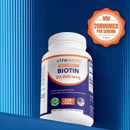 Vitamatic Hochdosiertes Biotin 20000 mcg (20 mg) mit Keratin 100 mg – 120 Tabletten – Biotin Nahrungsergänzung für gesunde Haare, Haut und Nägel für Erwachsene