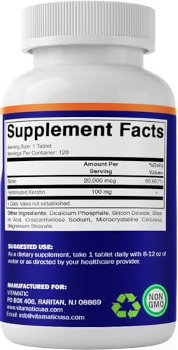 Vitamatic Hochdosiertes Biotin 20000 mcg (20 mg) mit Keratin 100 mg – 120 Tabletten – Biotin Nahrungsergänzung für gesunde Haare, Haut und Nägel für Erwachsene