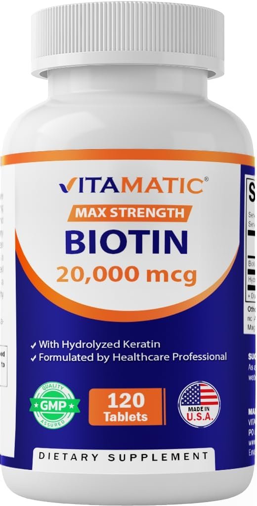 Vitamatic Hochdosiertes Biotin 20000 mcg (20 mg) mit Keratin 100 mg – 120 Tabletten – Biotin Nahrungsergänzung für gesunde Haare, Haut und Nägel für Erwachsene