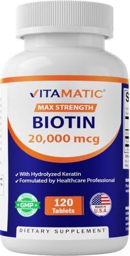 Vitamatic Hochdosiertes Biotin 20000 mcg (20 mg) mit Keratin 100 mg – 120 Tabletten – Biotin Nahrungsergänzung für gesunde Haare, Haut und Nägel für Erwachsene