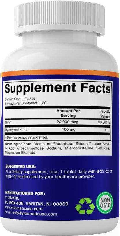 Vitamatic Hochdosiertes Biotin 20000 mcg (20 mg) mit Keratin 100 mg – 120 Tabletten – Biotin Nahrungsergänzung für gesunde Haare, Haut und Nägel für Erwachsene