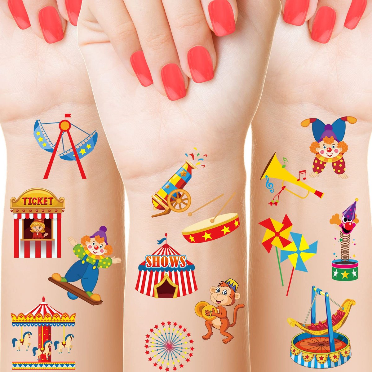 Maitys 288-teiliges Set Zirkus-Tattoos für Kinder, 48 Motive Clown Tier-Tattoos, Zirkus-Geburtstagsparty-Geschenke, Klassenzimmer-Belohnungen