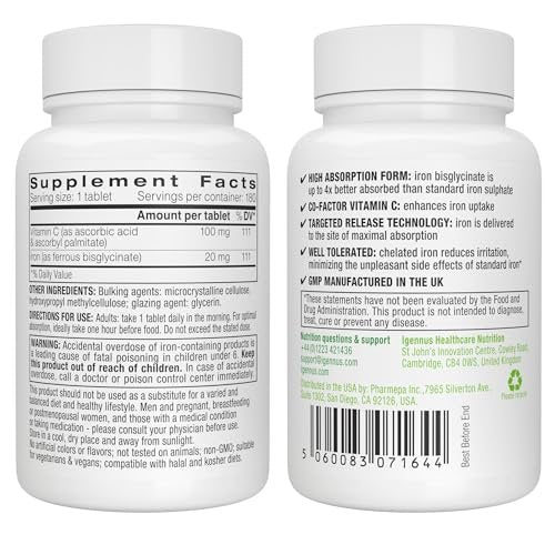 Igennus Clean Iron Bisglycinat 20mg mit Vitamin C – 6-Monats-Vorrat, sanfte hochabsorbierbare Formel mit gezielter Freisetzung, für Frauen und Männer, 1 Tablette täglich, vegan, 180 Tabletten