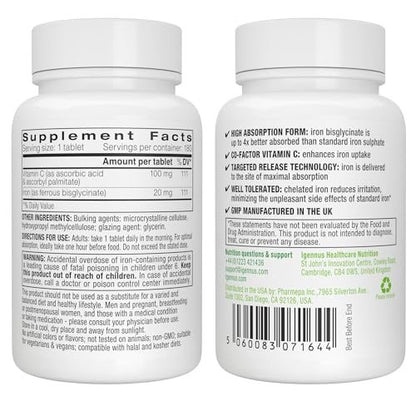 Igennus Clean Iron Bisglycinat 20mg mit Vitamin C – 6-Monats-Vorrat, sanfte hochabsorbierbare Formel mit gezielter Freisetzung, für Frauen und Männer, 1 Tablette täglich, vegan, 180 Tabletten