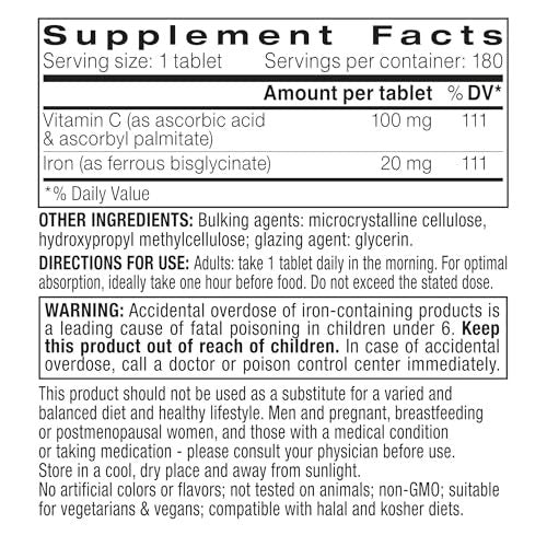 Igennus Clean Iron Bisglycinat 20mg mit Vitamin C – 6-Monats-Vorrat, sanfte hochabsorbierbare Formel mit gezielter Freisetzung, für Frauen und Männer, 1 Tablette täglich, vegan, 180 Tabletten