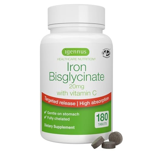 Igennus Clean Iron Bisglycinat 20mg mit Vitamin C – 6-Monats-Vorrat, sanfte hochabsorbierbare Formel mit gezielter Freisetzung, für Frauen und Männer, 1 Tablette täglich, vegan, 180 Tabletten