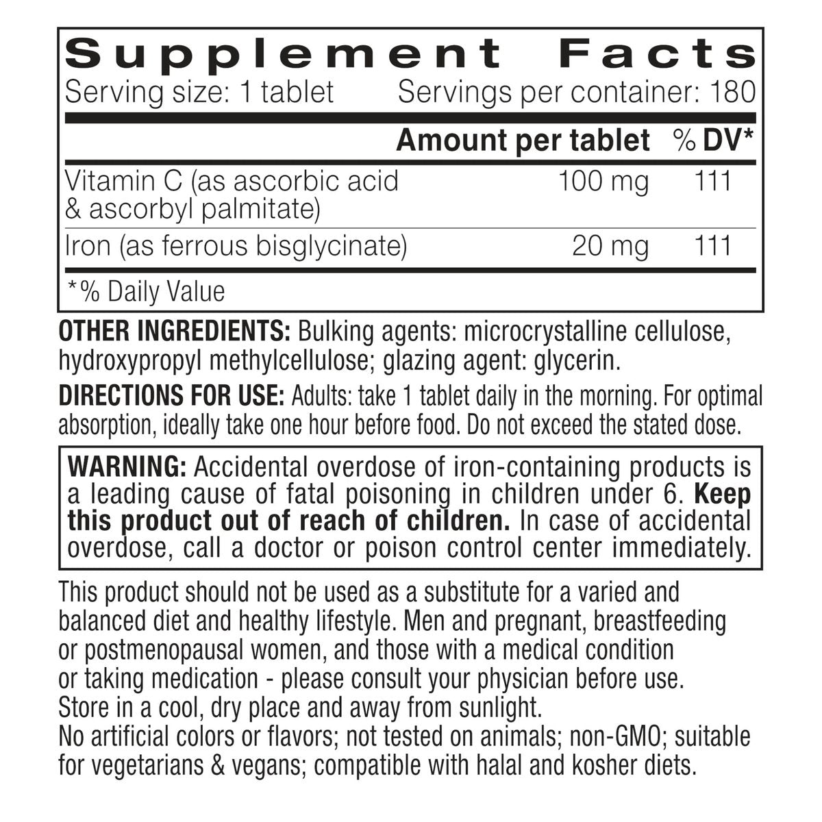 Igennus Clean Iron Bisglycinat 20mg mit Vitamin C – 6-Monats-Vorrat, sanfte hochabsorbierbare Formel mit gezielter Freisetzung, für Frauen und Männer, 1 Tablette täglich, vegan, 180 Tabletten
