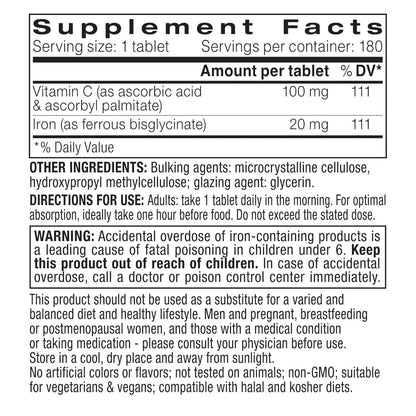 Igennus Clean Iron Bisglycinat 20mg mit Vitamin C – 6-Monats-Vorrat, sanfte hochabsorbierbare Formel mit gezielter Freisetzung, für Frauen und Männer, 1 Tablette täglich, vegan, 180 Tabletten
