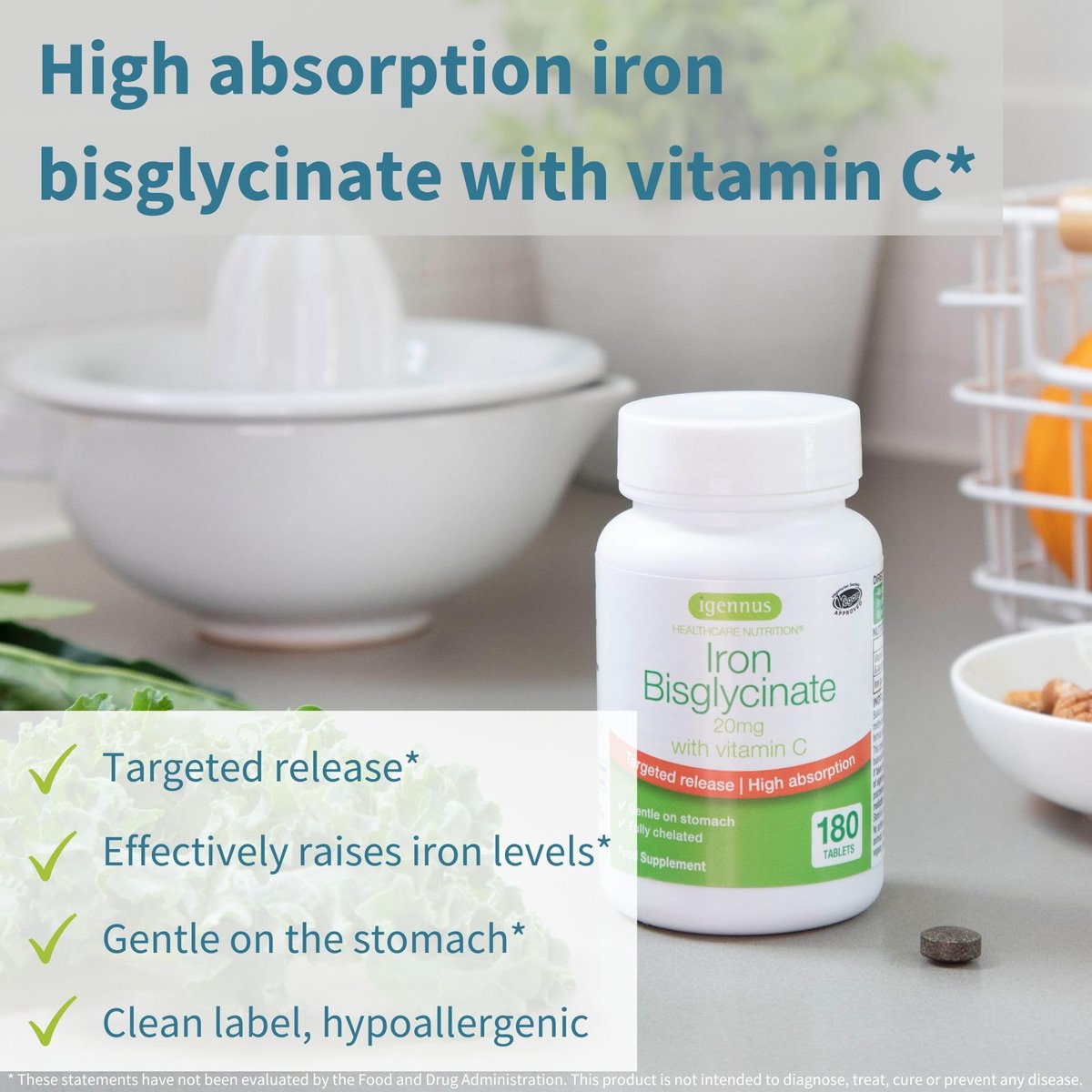 Igennus Clean Iron Bisglycinat 20mg mit Vitamin C – 6-Monats-Vorrat, sanfte hochabsorbierbare Formel mit gezielter Freisetzung, für Frauen und Männer, 1 Tablette täglich, vegan, 180 Tabletten